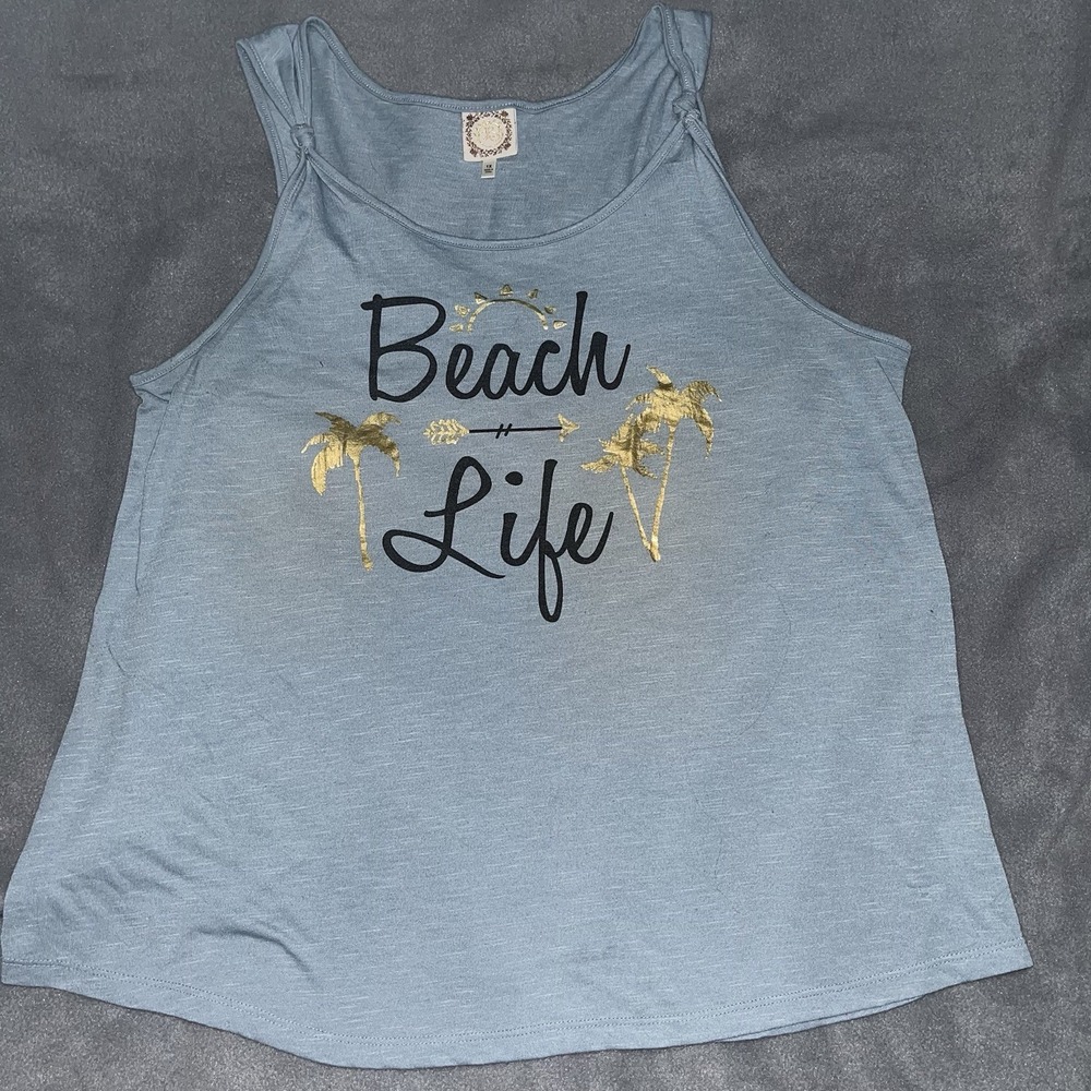 Women's Truself TS Brand Beach Life Gold Palm Trees‎ Blue-Gray Tank Top Size 1X